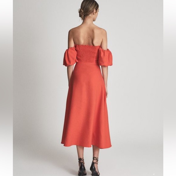 REISS SHONA PUFF SLEEVE OFF SHOULDER MIDI DRESS S - Picture 2 of 4
